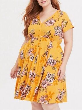 Torrid Yellow Floral V-Neck Button Front Dress — 3X